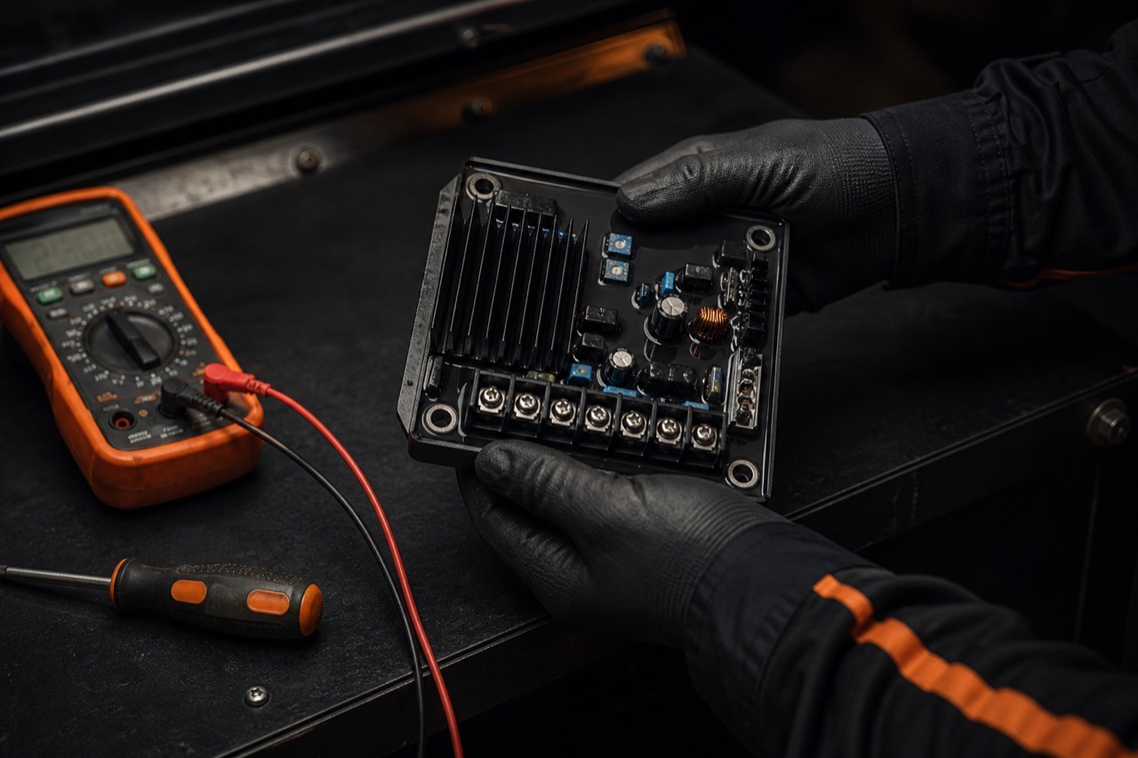 Generator Solutions technician holding an automatic voltage regulator module removed from a generator alternator for testing