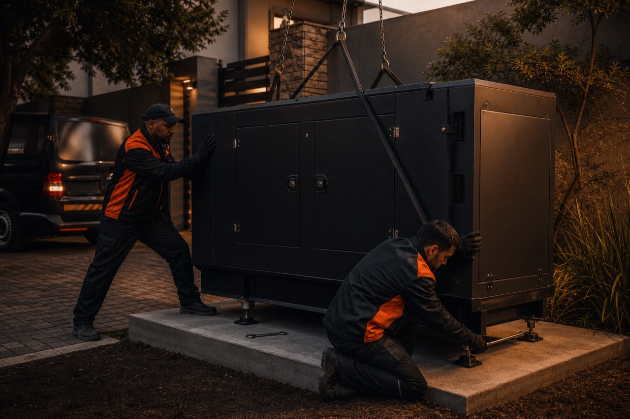 Generator Solutions technicians lowering a new standby generator onto its concrete plinth during an installation in Gauteng