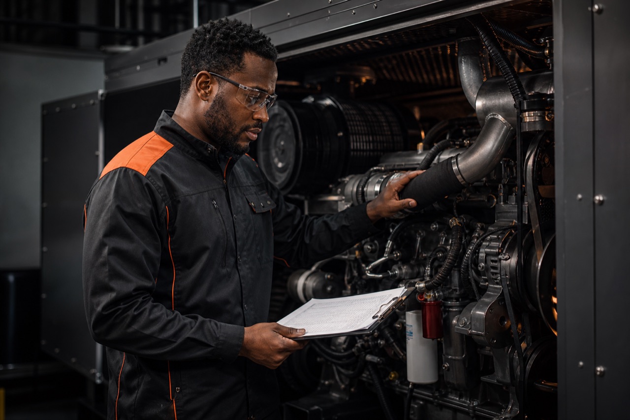 Technician inspecting a generator during a planned maintenance visit