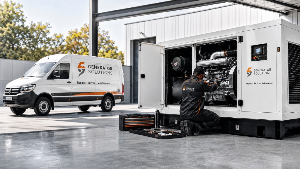 Branded Generator Solutions van parked beside a technician repairing an open generator on an onsite callout