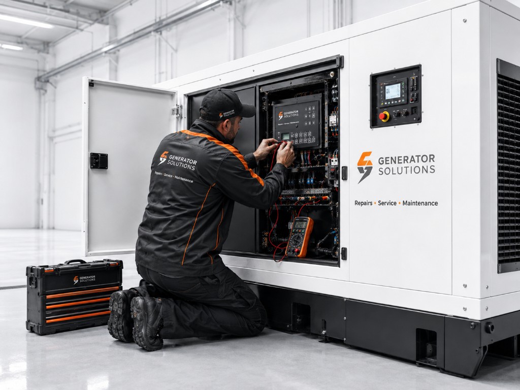 Generator Solutions technician kneeling at a generator control panel, testing it with a multimeter beside a branded toolbox