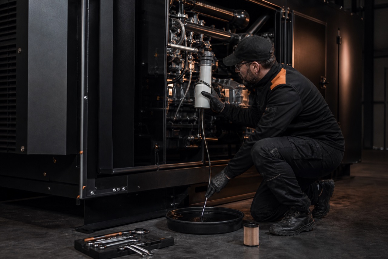 Technician changing oil and filters during a generator service