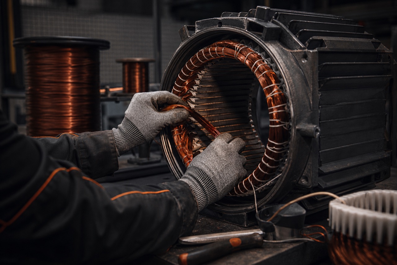 Generator alternator stator being rewound with enamelled copper coils in the Generator Solutions workshop