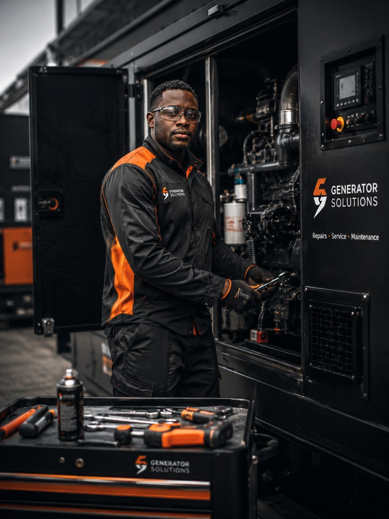 Generator Solutions technician in a branded black and orange jacket and safety glasses working at an open generator beside a branded toolbox