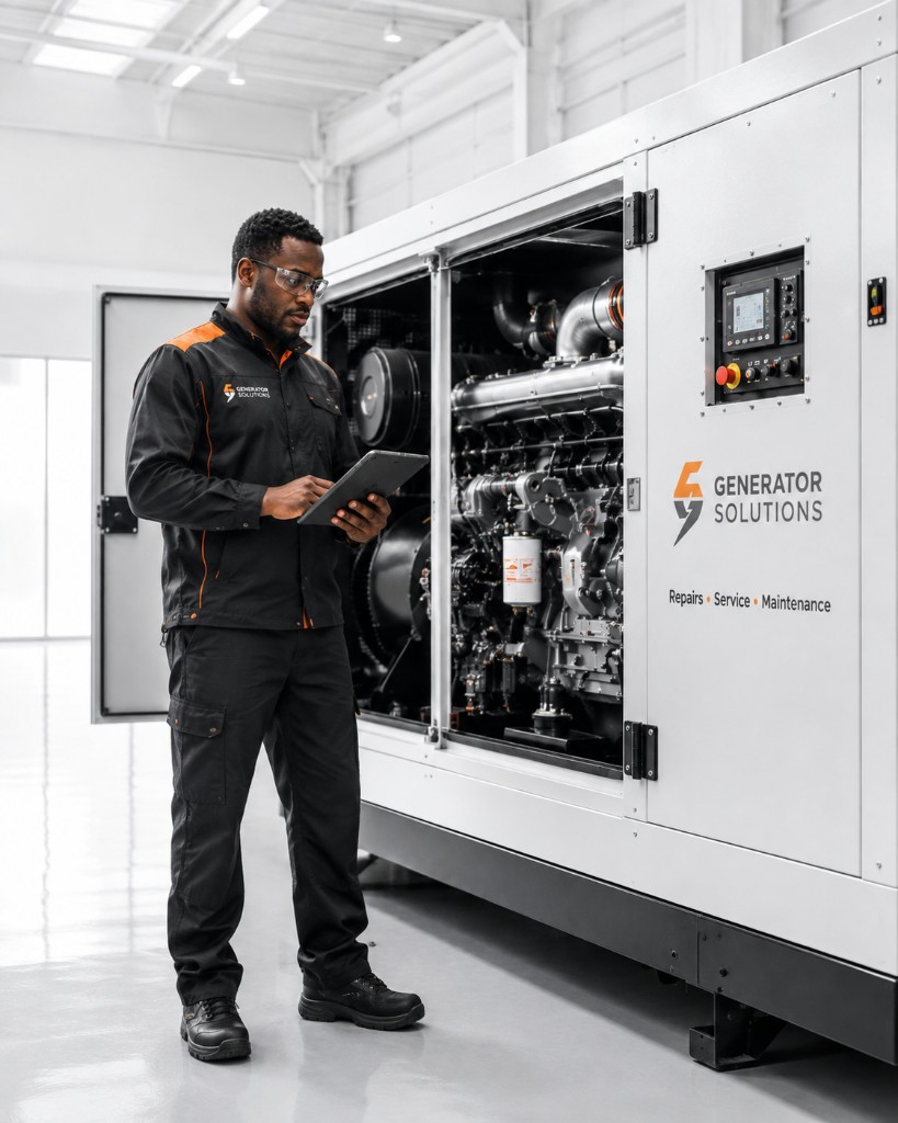 Generator Solutions technician recording load test readings on a tablet beside a large industrial standby generator